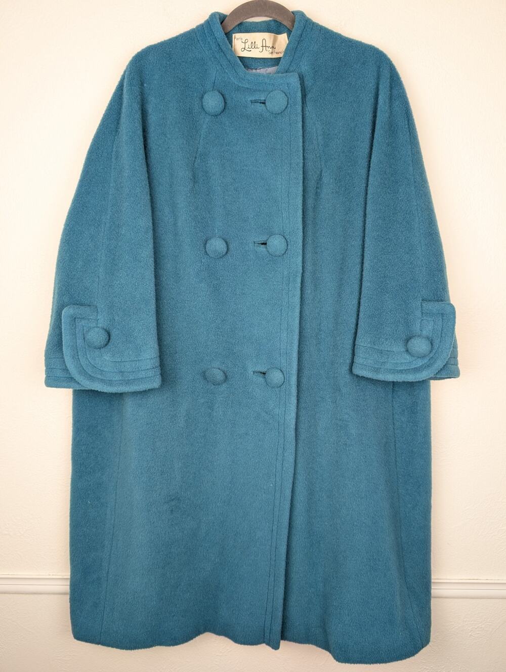 Lilli Ann Wool Coat Vintage 60s Peacoat Car Coat Jackie O Teal Blue Size XL
